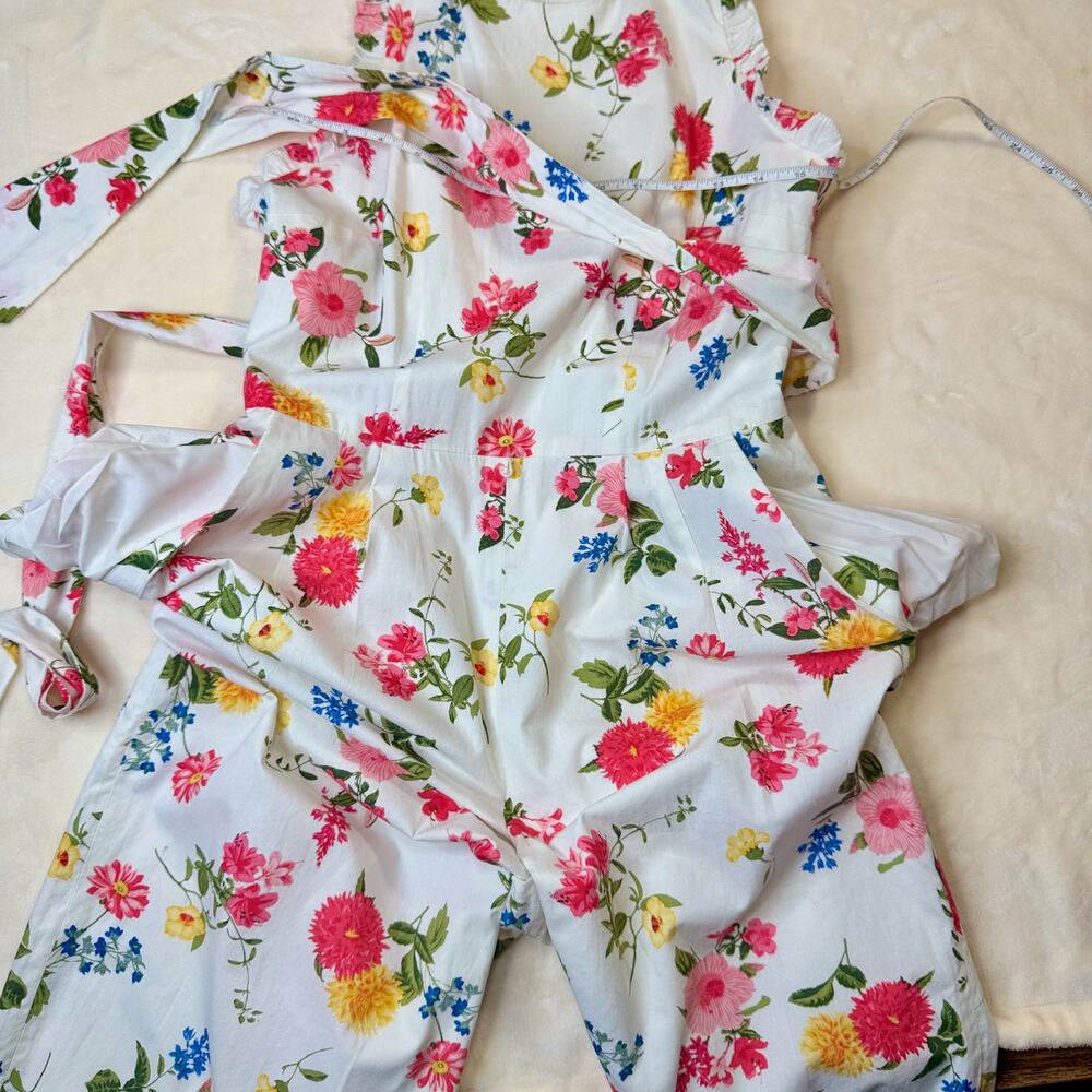 Gal Meets Glam Beverly Ruffle Floral Cotton Wide Leg Cropped Jumpsuit White 4 - Picture 11 of 16